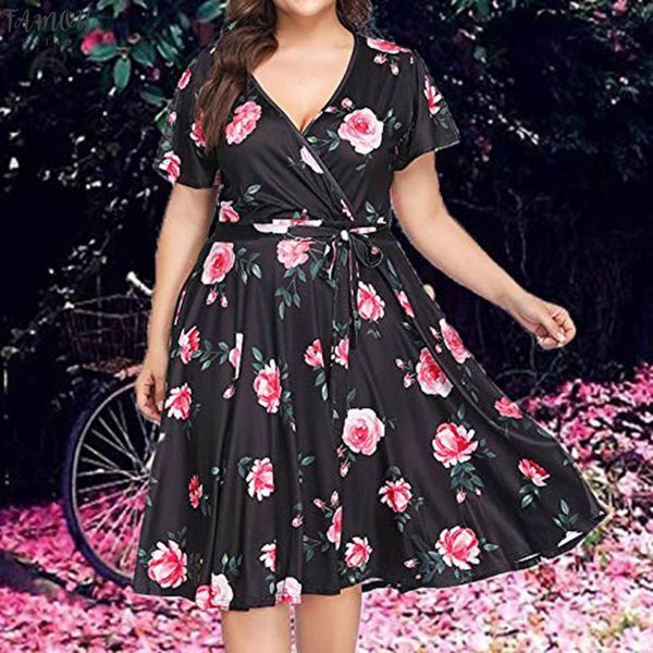 

plus size bandage dress v-neck floral prined short sleeve women casual beach style summer ladies dresses sukienka letnia #15, Black;gray