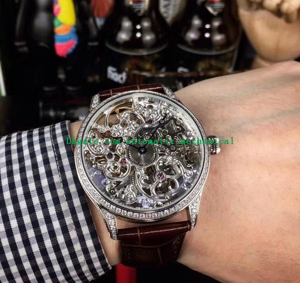 

2 стиль люкс mans часы механическое движение серебро алмазный диск 42мм полым из циферблате кожаный ремешок автоматическая мода мужские часы, Slivery;brown