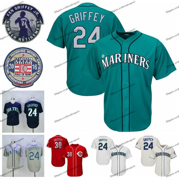 

ncaa mens vintage 2016 hall of fame 24 ken griffey jr. teal baseball jersey 30 ken griffey jr. red shirts retired patch, Blue;black