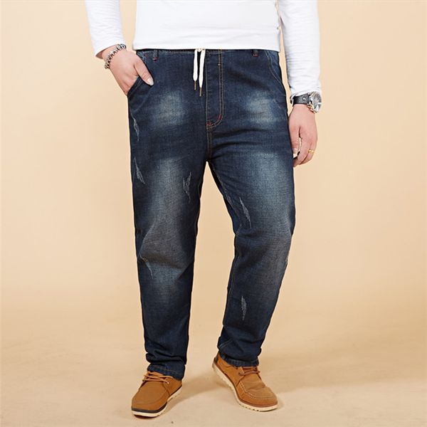 

толстый большой размер 46 48 мужские джинсы с высокой эластичностью 2019 новая осень-зима эластичные талии джинсовые шаровары ностальгически, Blue