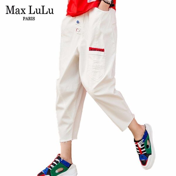 

max 2019 summer korean fashion ladies harem pants womens ripped loose white jeans vintage female denim trousers plus size, Blue