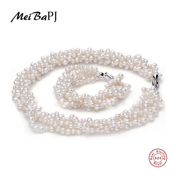 

meibapj] 925 silver 100% white natural freshwater pearl jewelry sets real pearl necklace bracelet jewelry sets for women, Black