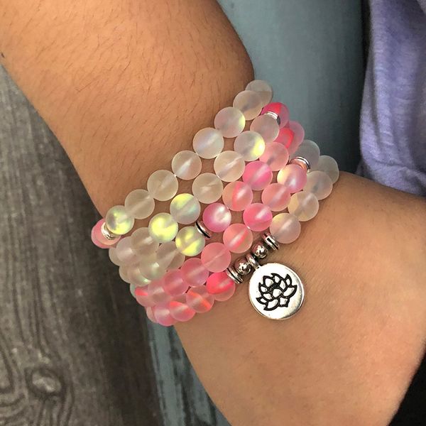 

sparkling 108 mala lotus necklace for women matte pink white labradorite jewelry prayer beads healing stone bracelet, Golden;silver