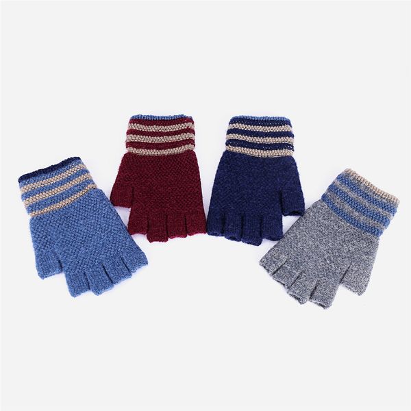 

knitted gloves girls women thick wrist warmer stripe winter fingerless female stretch crochet wool mittens gift luvas, Blue;gray