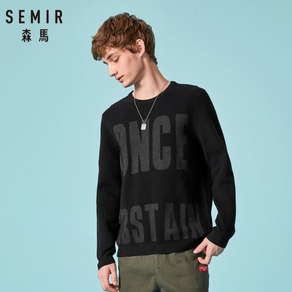 

semir men fine knit graphic sweater with dropped shoulder mens pullover sweater ribbing at neckline cuff and hem for winter, White;black