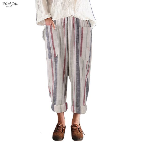 

Size Plus Harem Pants Linen Striped Loose Style Size Vintage Trousers Women Streetwear Korean Pants Pockets Pants