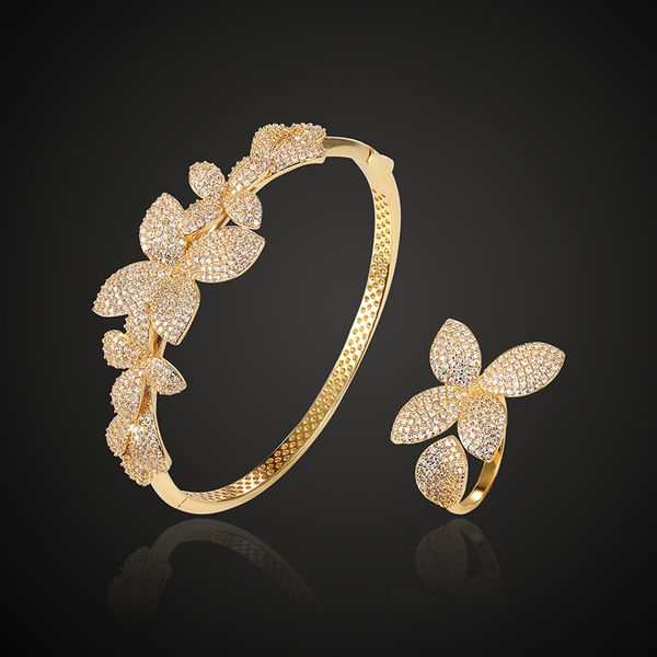 

theresa brand copper 3a zircon tree leaf bangle with rings jewelry set bracelet accessory sets women bangle fashion jewelry, Silver