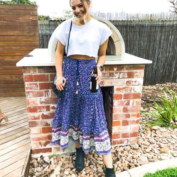 

women casual holiday skirt tassel elastic waist floral print boho skirt, Black
