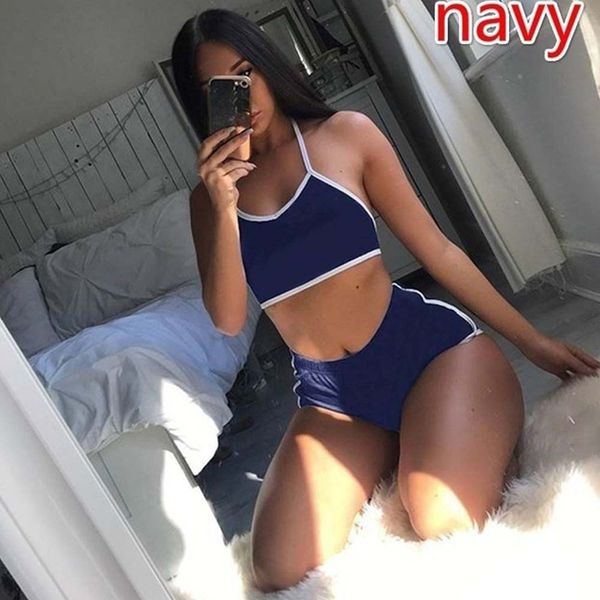 

relewomen sport suits two piece set navy striped fitness running gym yoga sleeveless vest+shorts summer sport, White;red