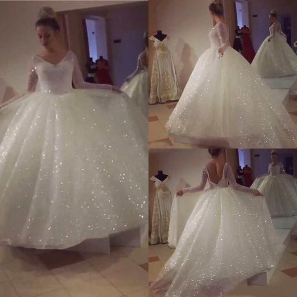 

bling bling sequins long sleeves wedding dresses ball gowns and pearl beaded backless wedding gown, White