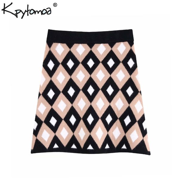 

vintage stylish geometric pattern knitted skirt women 2019 fashion a line elastic waist female stretchy skirts faldas mujer, Black