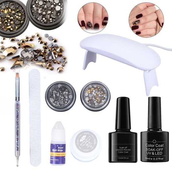 

nail set with uv led lamp dryer gel polish coat nail glue pen manicure tool buffing block art decorations rhinestones