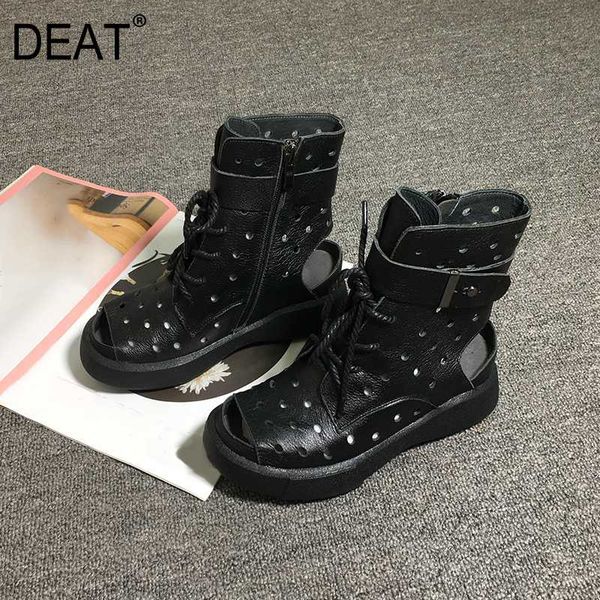 

deat] 2020 open toe hollow out bandage pu leather single shoes women high cool boots new spring summer fashion tide 10h389, Black