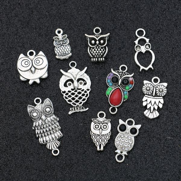 

jakongo antique silver plated crystal owl charms pendant fit jewelry making charm bracelet diy findings, Bronze;silver