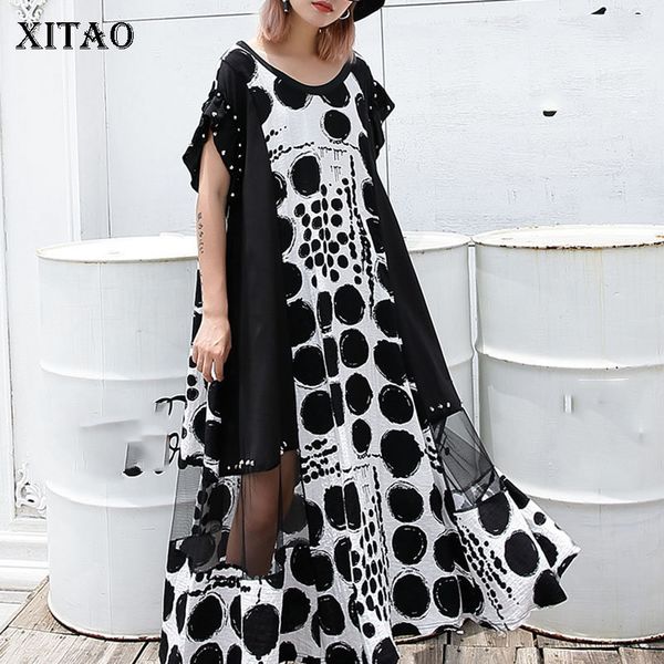 

xitao dot сращивания сетки rivet midi платье для женщин негабаритные втулки краткости лета сексуальных женщин плюс размер платья моды 2019 d, Black;pink