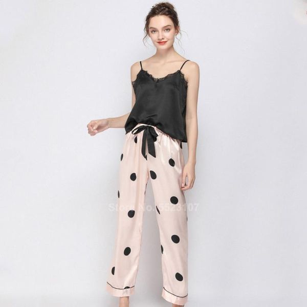 

women summer suspenders tank trousers pajamas set silk lace female striped dot sleepwear loose style comfy loungewear, Blue;gray