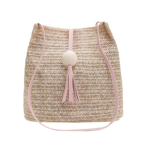

women straw weave shoulder bag with tassel summer beach bucket bag casual tote knitting rattan handbags #yj