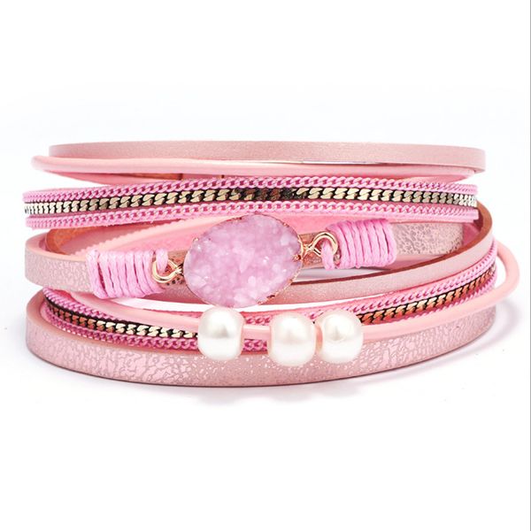 

wholesale 10 pcs silver plated multi layer leather with oval many colors crystal dyed link chain bracelet ethnic jewelry, Black