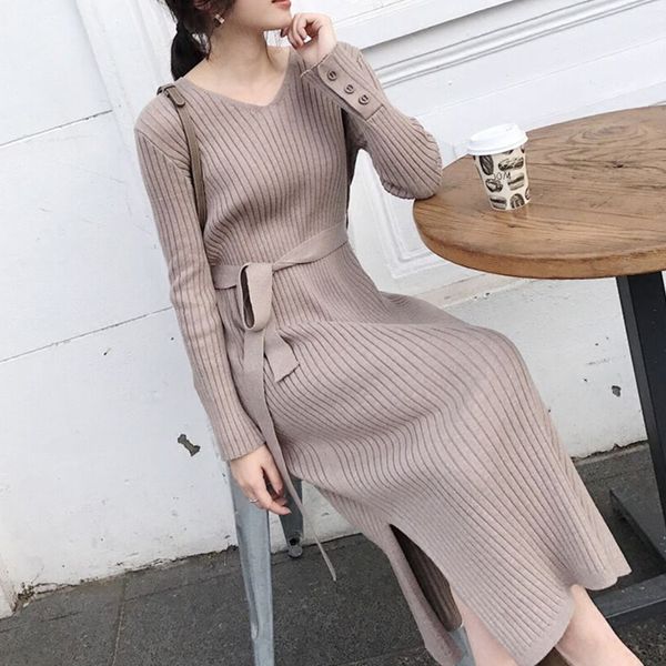 

korean people wear jersey fashion women's knitting sweater, high waist sweater, big dress, full of prom dress, winter dress women 2019, Black;gray
