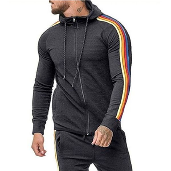 

brand fashion men hoodies men striped patchwork gyms hooded cardigan zipper sweatshirt mens hoodie hip hop sportswear tracksuit, Black