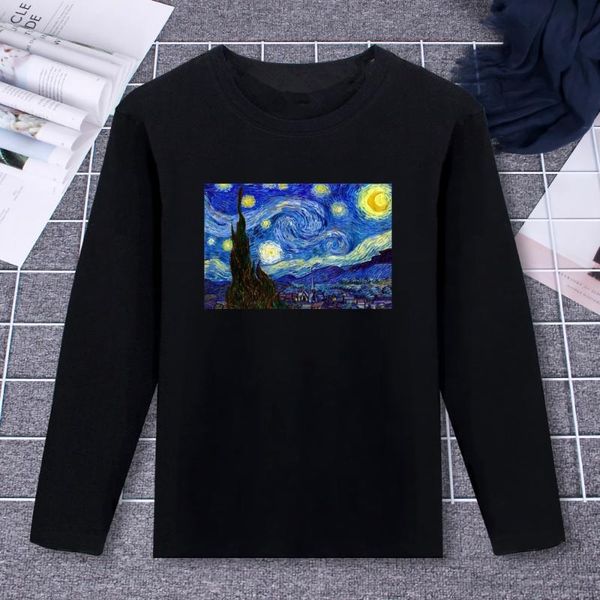 

2019 pure cotton t-shirt гог звездная ночь классический дизайн печатный длинным рукавом мода повседневная топы тис марка мужская одежда, White