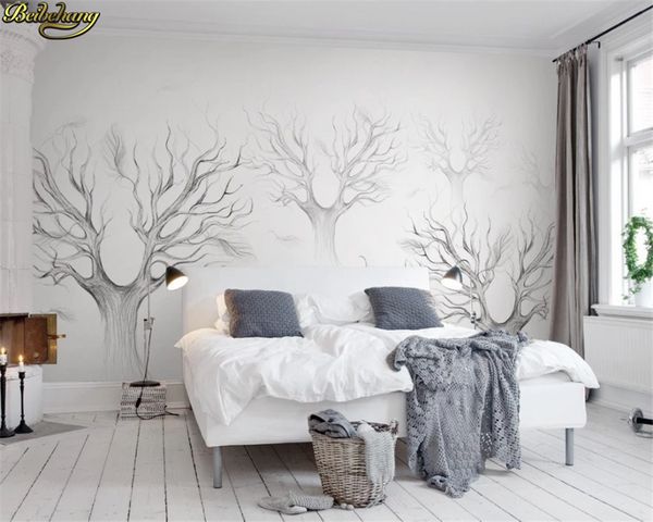 beibehang personalizado 3d papel de parede mural Nordic minimalista esboço floresta abstrato pena árvore parede de fundo TV preto e branco