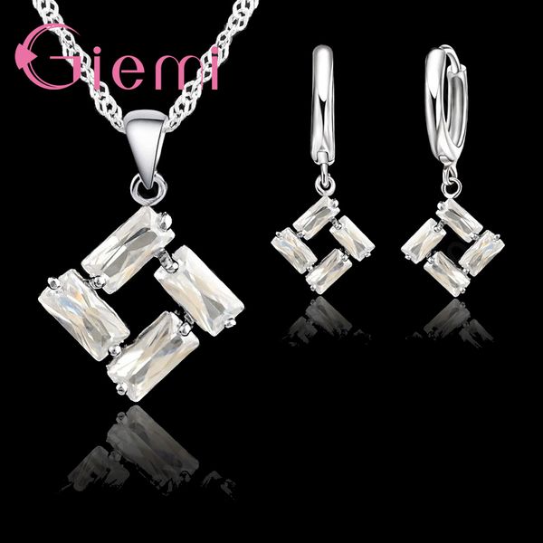 

new arrival square shape white cubic zircon crystal necklace earrings 925 sterling silver jewelry sets birthday party gifts