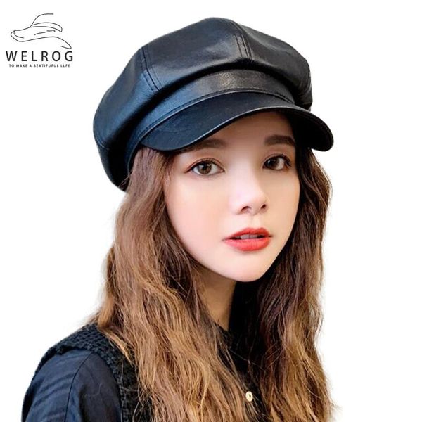 

welrog women pu solid color octagonal cap girls retro beret cap painter hats classy faux leather beret hats, Blue;gray