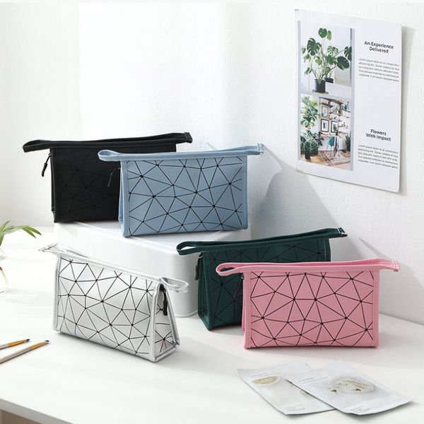 

diamond lattice cosmetic bag waterproof pu leather portable make up organizer travel beauty kit toiletry baga dropship
