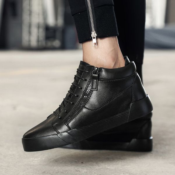 

man casual sneakers man elevator shoes invisible 6cm height increase leather mens shoes leisure 2019 new cow leather casual shoe, Black