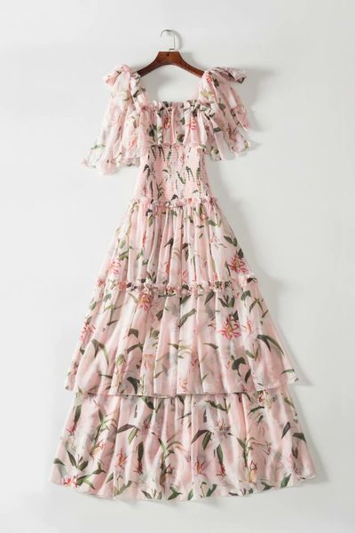 

women's runway dresses spaghetti straps floral printed elastic waist tiered ruffles fashion long dresses, Black