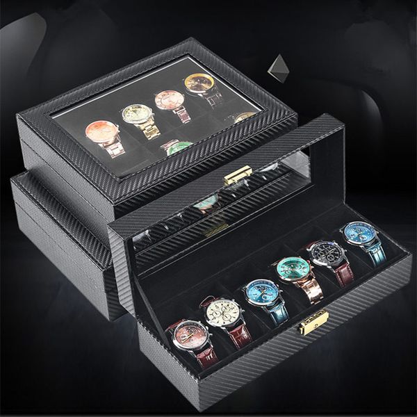 

new carbon fiber watch storage boxes with lock black leather watch display organizer package mechanical gift case holder, Black;blue