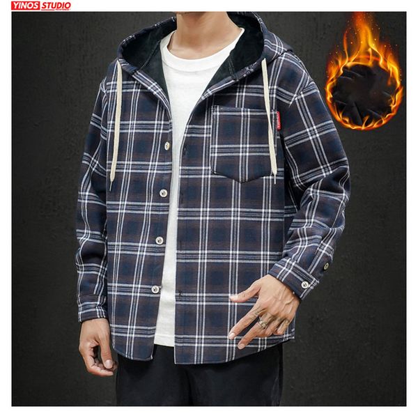 

dropshipping autumn thickeen hooded plaid shirts for men japanese fashion man long sleeve shirt silm fit warming male, White;black