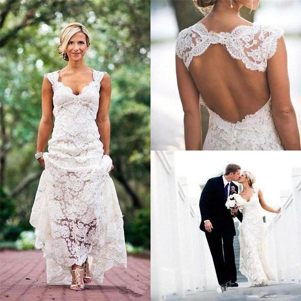 Abiti da sposa vintage fulla in pizzo spiaggia spedizione gratuita senza maniche buco della serratura posteriore scollo a V una linea elegante abiti da sposa su misura 2020 nuovo