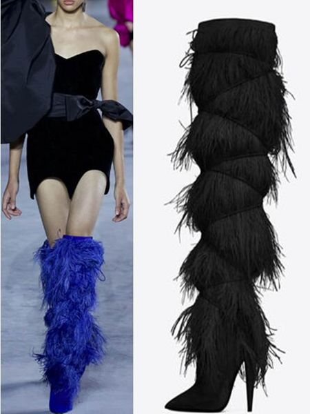 

2019 suede leather ostrich hair tassel high heels shoes pillage toes thigh-high booties catwalk long knee boots size 34-43, Black
