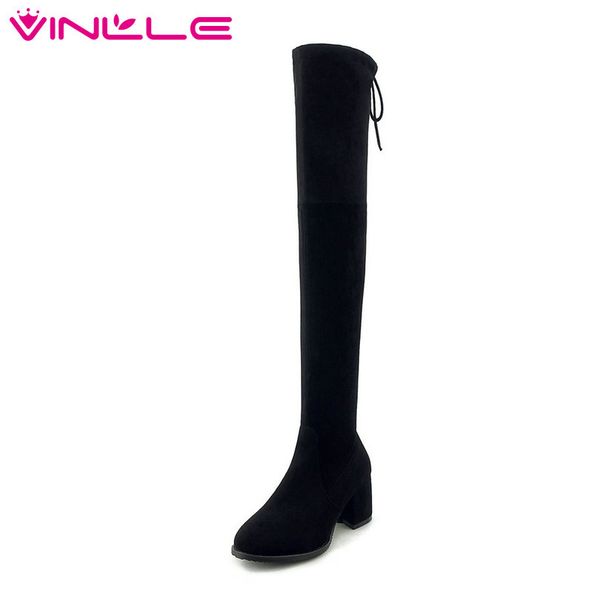 

vinlle 2019 winter shoes platform over the knee high boots all match square high heel apricot elegant woman boots size 34-43, Black