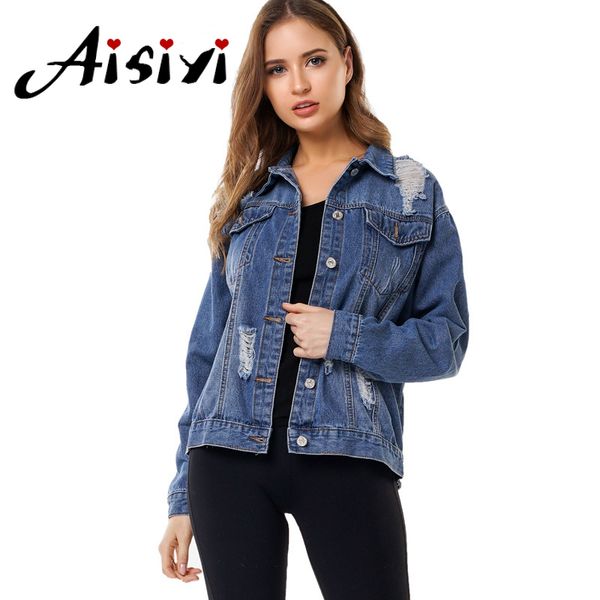 

aisiyi ripped denim jacket for women harajuku torn jeans jacket coat women vintage jeans female long sleeve jackets, Black;brown