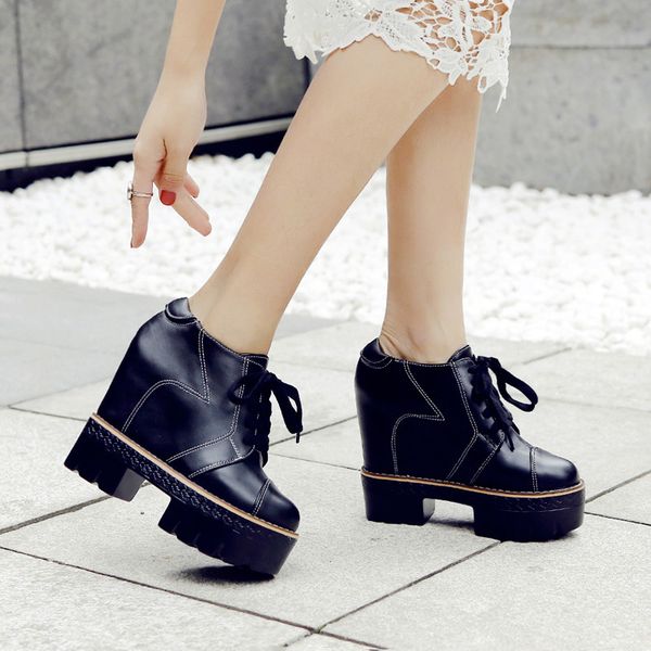 

ymechic 2019 lace up winter ankle boots for women black beige sewing punk goth shoes creepers height increasing retro woman boot