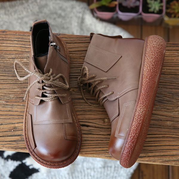 

ankle boots brogue handmade genuine leather woman shoes quality hand-made leather platform boots ladies winter women, Black