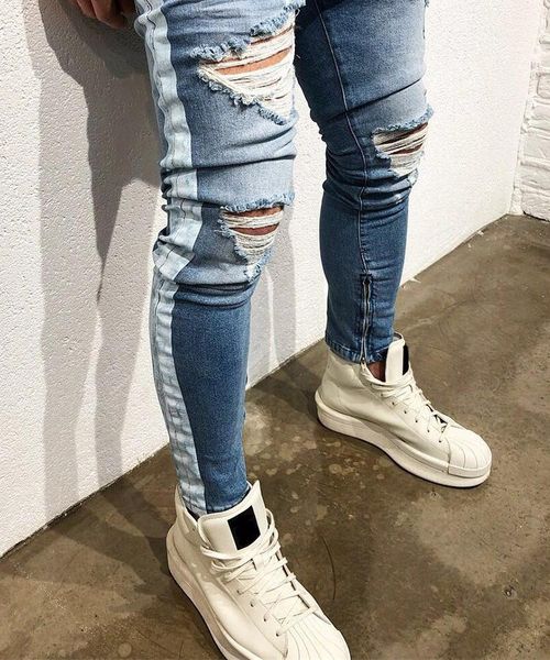 

hop mens designer jeans вскользь разорванные дыры полосатый light blue проблемные high street карандаш жан брюки хип