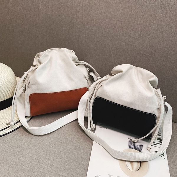 

drawstring bag creative stitching color literary canvas drawstring shoulder bag fashion portable women crossbody messenger bags