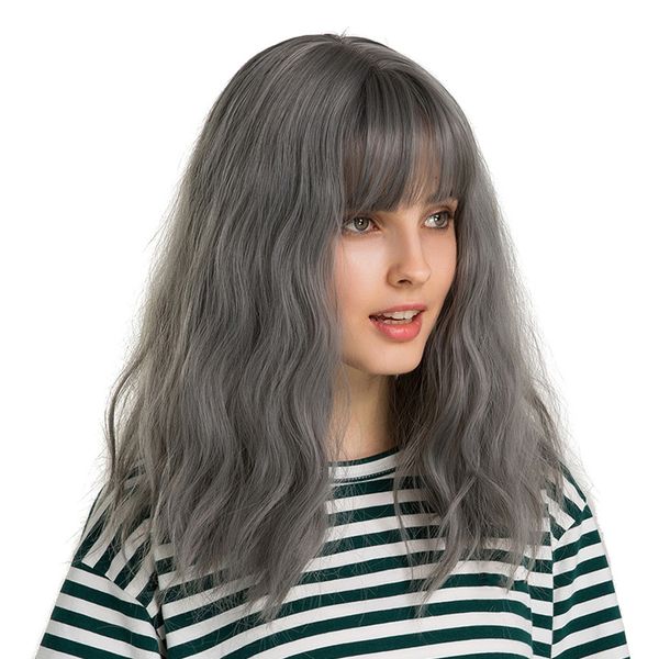 

lady wavy curly fluffy wigs gray resistant synthetic wig for cosplay, Black