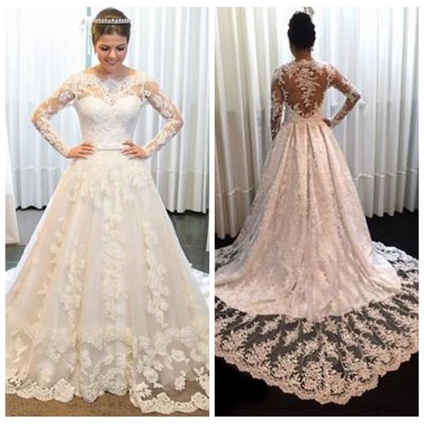 

2021 scoop long sleeves lace appliques a-line wedding dresses modest long bridal gowns wedding ladies vestidos de marriage custom, White