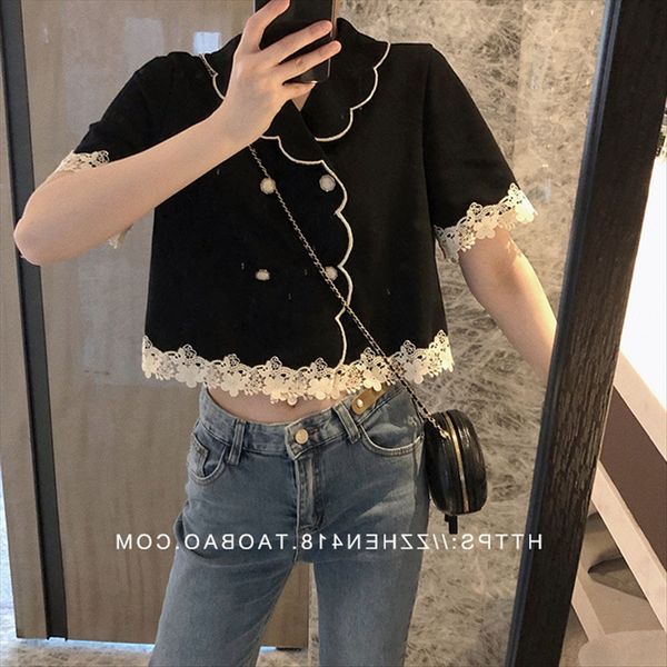 

black stitching short navel sense female xia xiaozhong polo lace lace shirt 2020 women's clothing, White