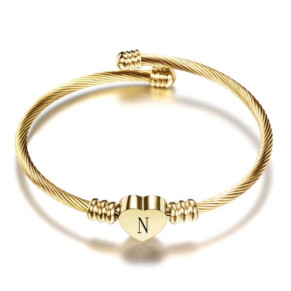 

adjustable gold color stainless steel heart bracelet bangle with letter fashion initial alphabet charms bracelets for women, Black