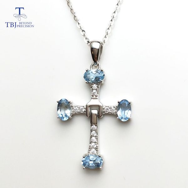 

tbj,925 sterling silver cross pendant with oval cut 3*5mm natural aquamarine gemstone,pendant with chain for girls gift box