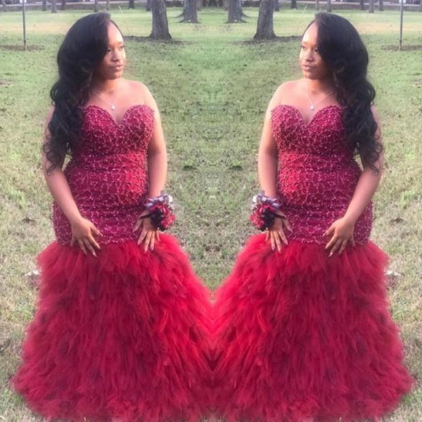 

dark red beaded prom dresses south african plus size sweetheart evening dress tulle ruffles sweep train women mermaid party gowns, Black