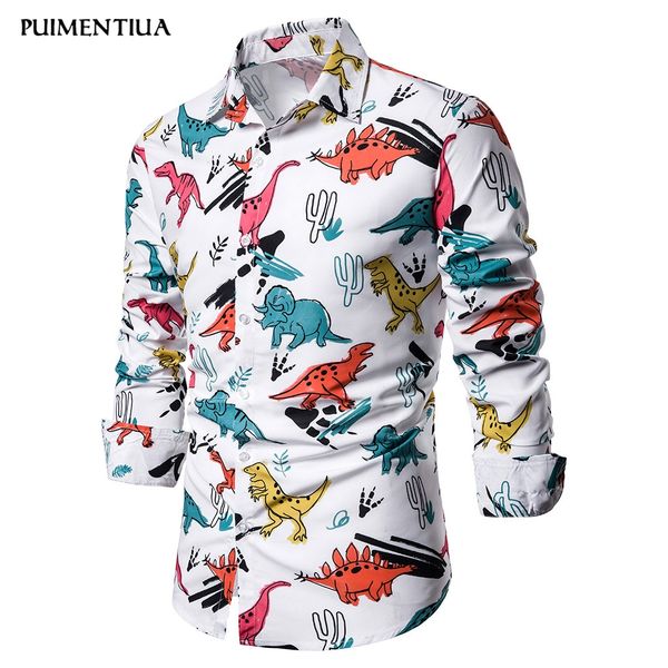 

puimentiua men soft and comfortable slim style long sleeved shirt animals printed casual shirt 2020 spring fashion casual wear, White;black