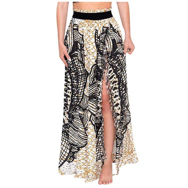 

fashion skirt high waist 2020 summer casual women's chiffon print patchwork tassels slit chic holiday beach long skirt #45, Black