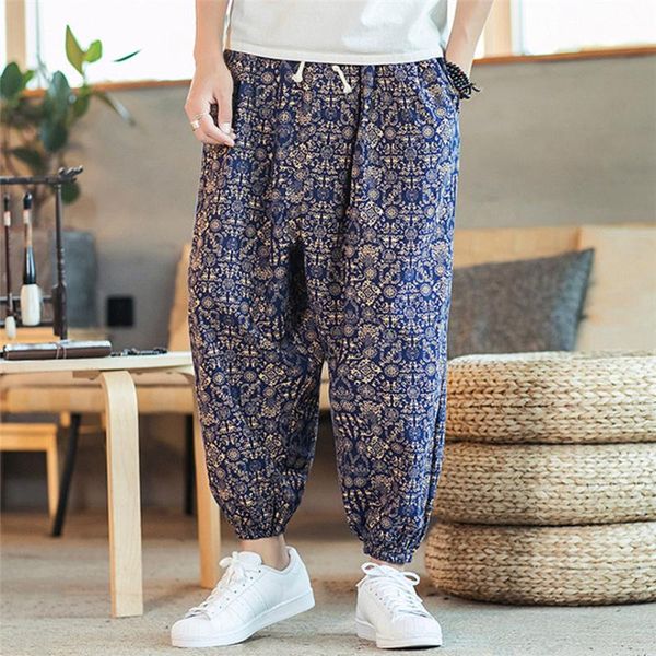 

klv men pants men's casual vintage style pants loose cotton linen printing patchwork lantern pant ethnic style, Black